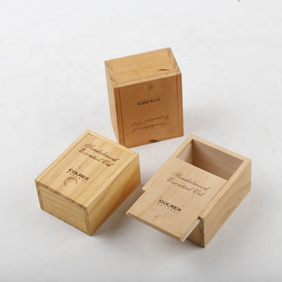 Custom Natural Pine Bamboo Laser Engraved Sliding Lid Small Square Wood Box | Finger Pull Groove Top Brand Logo & Product Name Engraving Unfinished Natural Grain for Essential Oil Soap Candle Tea Organic Brand Gift | MOQ 100 pcs