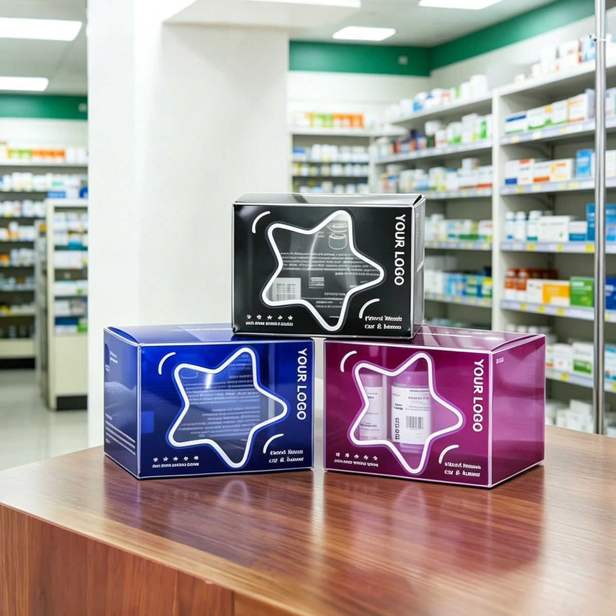Custom Crystal Clear PVC Folding Display Packaging Box | Full Color Insert Label Design Multi-Height Sizes for Serum Capsule Ampoule Health Supplement Beauty Retail Counter Display | OEM ODM MOQ 100 pcs