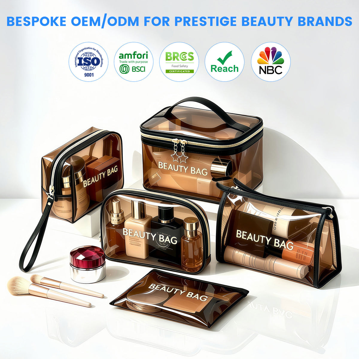 Custom Clear Holographic PVC EVA TPU Cosmetic Makeup Bag | Square Rectangle Cylinder Multi-Style Black Zipper Brand Logo Print for Beauty Travel Toiletry Skincare Brand Gift Set Packaging | MOQ 100 pcs