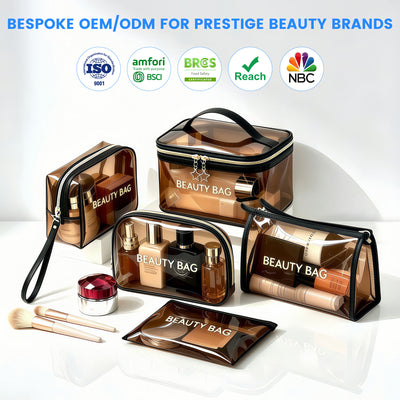 Custom Clear Holographic PVC EVA TPU Cosmetic Makeup Bag | Square Rectangle Cylinder Multi-Style Black Zipper Brand Logo Print for Beauty Travel Toiletry Skincare Brand Gift Set Packaging | MOQ 100 pcs