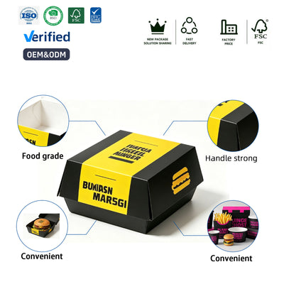 Custom Black Yellow Fast Food Paper Packaging Set | Burger Boxes Fry Cups & Paper Cups with Logo | MOQ 100 pcs