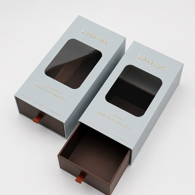 Custom Dusty Blue Drawer Gift Box | Clear PVC Window Gold Logo & Brand Slogan for Hair Accessories Beauty & Skincare Premium Retail Packaging | MOQ 100 pcs