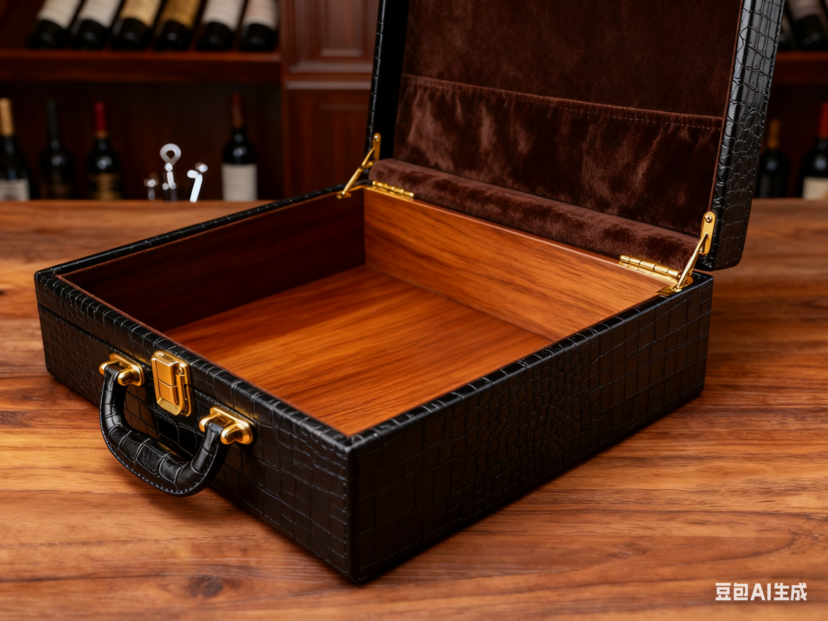Custom Black Crocodile PU Leather Wrapped Wood Briefcase Gift Box | Gold Metal Clasp & Handle Natural Wood Base Brown Suede Interior for Wine Whiskey Cigar & Luxury Brand Premium Gift Set | MOQ 100 pcs