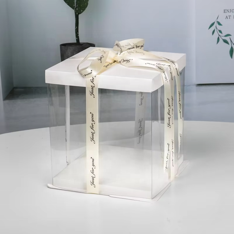 Custom Clear PVC Cake Display Gift Box | White Cardboard Lid & Base Satin Ribbon Bow Multi-Height Sizes for Birthday Cake Dessert Flower Gift Brand Packaging | MOQ 100 pcs