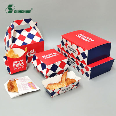 Juego de embalaje personalizado para comida rápida | Cajas de hamburguesas, vasos para patatas fritas y bolsas de papel con logo | MOQ 100 unidades