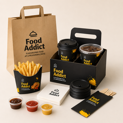 Set de embalaje personalizado negro para comida rápida | Vasos y bolsas para pollo frito y hamburguesas con logo | Cantidad mínima de pedido: 100 unidades