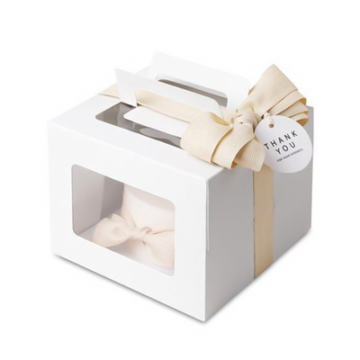 Custom White Clear PVC Window Whole Cake Carry Box with Handle | Plain White with Ribbon Option for 6 8 10 Inch Cake Bakery Dessert Shop Takeaway Packaging | MOQ 100 pcs