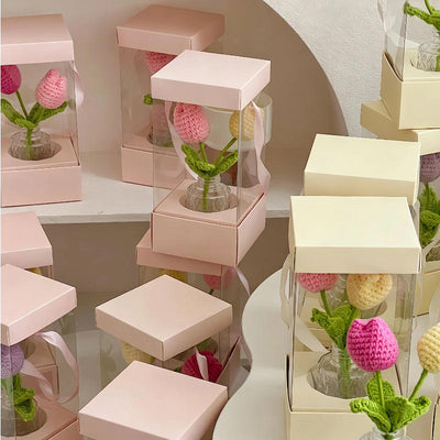 Custom Clear PVC Flower Bouquet Display Tote Box | Cardboard Lid & Base Satin Ribbon Handle Pink White Cream for Fresh Rose Crochet Flower Mother's Day Wedding Bridal Gift Packaging | MOQ 100 pcs