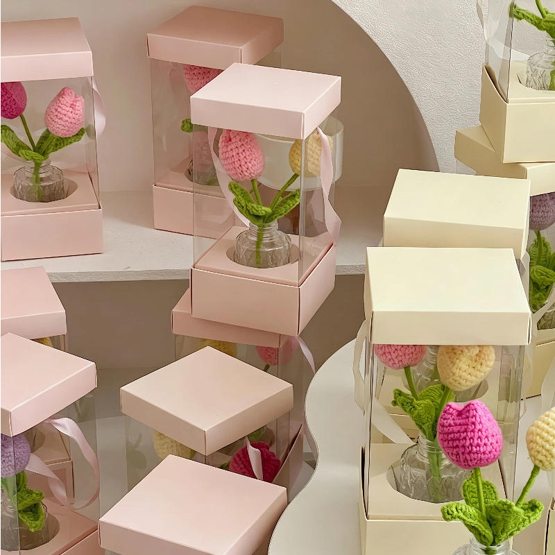Custom Clear PVC Flower Bouquet Display Tote Box | Cardboard Lid & Base Satin Ribbon Handle Pink White Cream for Fresh Rose Crochet Flower Mother's Day Wedding Bridal Gift Packaging | MOQ 100 pcs