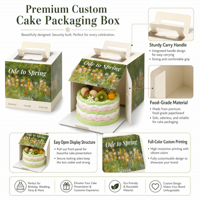 Caja para Tartas Enteras con Asa, Impresión a Todo Color Personalizada y Apertura Frontal | Estampado Botánico de Pintura al Óleo para Presentación de Tartas Premium de Panadería, Boda y Vacaciones de 6 y 8 Pulgadas | MOQ 100 unidades