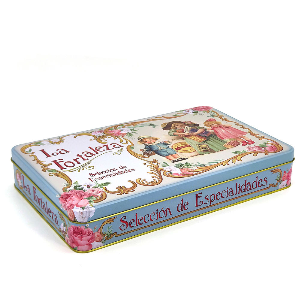 Custom European Vintage Style Rectangle Hinged Tin Box | Powder Blue Gold Scroll Pink Rose Victorian Children Full-Color Print for Cookie Tea Candy & Premium Gift Tin Packaging | MOQ 100 pcs