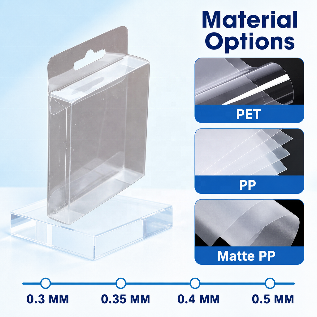 Custom Crystal Clear PVC Folding Display Box with Euro Hang Hole | Multi-Size Optional Full Color Print for Electronics Accessories Toys Beauty Tools Stationery Hardware Small Appliance General Retail Shelf Display | MOQ 100 pcs