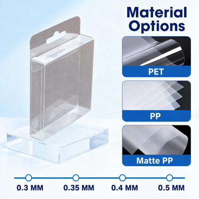 Custom Crystal Clear PVC Folding Display Box with Euro Hang Hole | Multi-Size Optional Full Color Print for Electronics Accessories Toys Beauty Tools Stationery Hardware Small Appliance General Retail Shelf Display | MOQ 100 pcs
