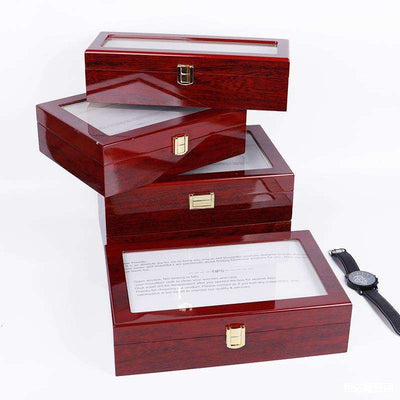 Custom Deep Red Piano Lacquer Glass Lid Multi-Slot Watch Display Wood Box | Gold Metal Clasp Cream Velvet Watch Pillows 1-3 / 5 / 10 / 12 Slot Options for Watch Brand & Retailer Display Gift | MOQ 100 pcs