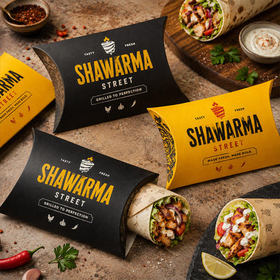 Caja de Almohada Impresa a Todo Color Personalizada para Shawarma y Sándwiches | Impresión de Marca en Negro y Dorado con Ventana Lateral Transparente para Envasado de Comida Rápida para Llevar | Cantidad Mínima de Pedido 100 unidades