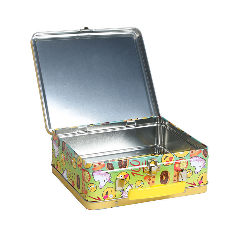 Custom Kids Cartoon Superhero Tin Lunch Box with Handle & Clasp | Teal Full-Color Print for Children Candy Snack Stationery & Toy Gift Tin Packaging | MOQ 100 pcs