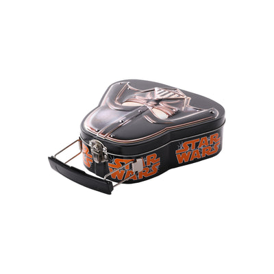Custom Darth Vader Helmet Shape Tin Box | 3D Embossed Black with Metal Handle & Clasp Food Grade Sci-Fi Collector Tin for Candy Cookie & Character Brand Gift Packaging | MOQ 100 pcs