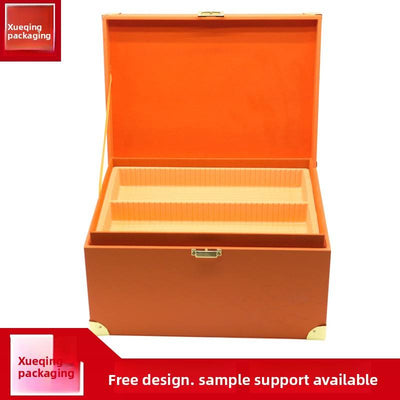 Custom Hermes Orange Litchi Grain PU Leather Large Wood Gift Trunk Box | Gold Corner Guards Front Clasp Leather Handle Top Brand Logo Hot Stamp for Beauty Skincare Jewelry Luxury Brand Premium Gift Set | MOQ 100 pcs