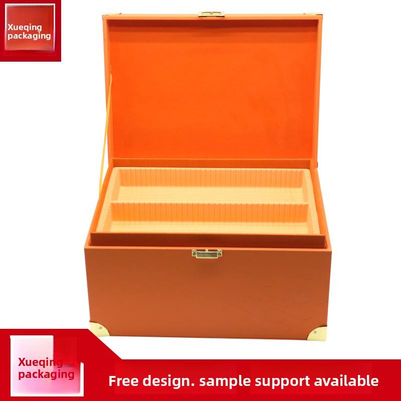 Custom Hermes Orange Litchi Grain PU Leather Large Wood Gift Trunk Box | Gold Corner Guards Front Clasp Leather Handle Top Brand Logo Hot Stamp for Beauty Skincare Jewelry Luxury Brand Premium Gift Set | MOQ 100 pcs