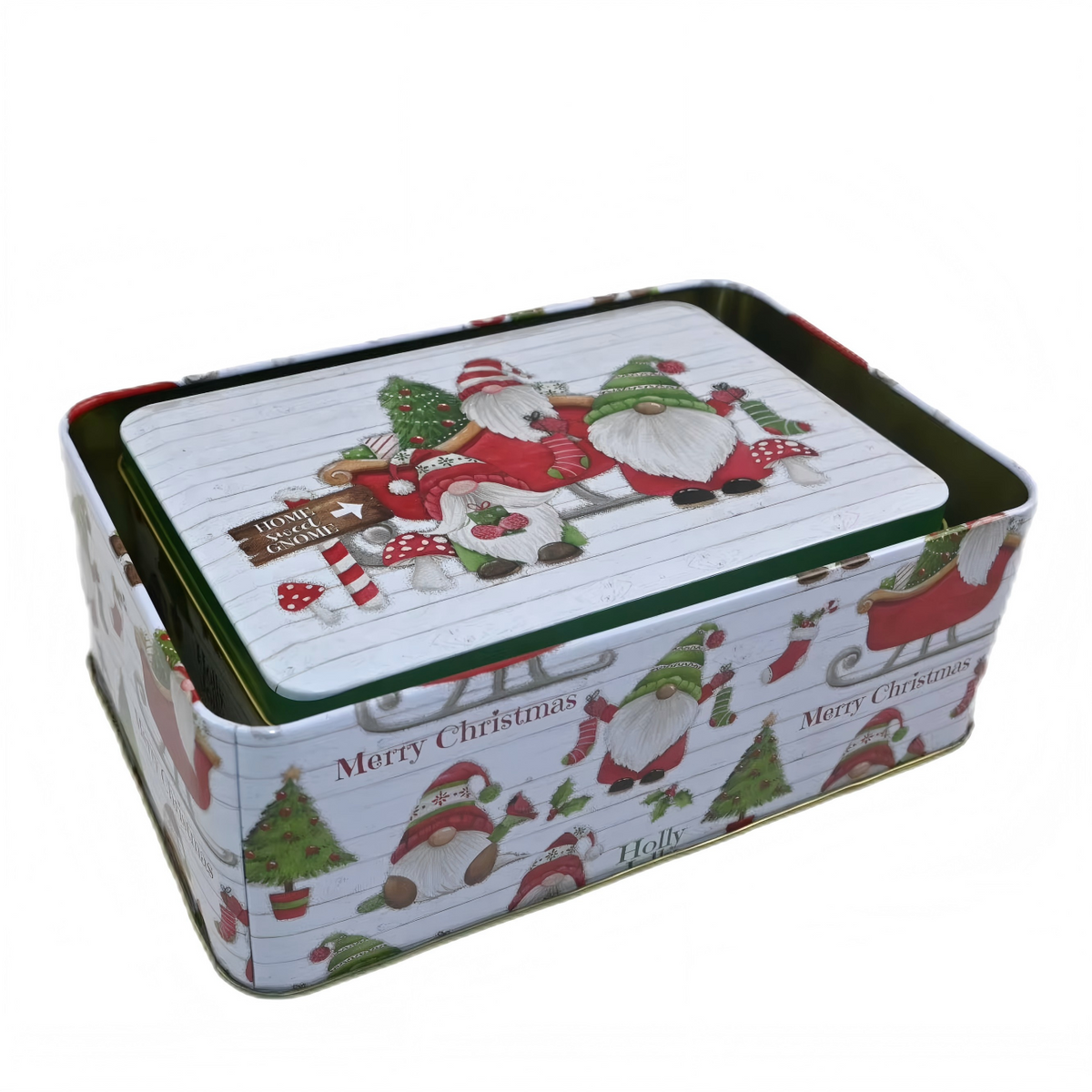 Custom Christmas Gnome Print Rectangle Tin Box Set | White Green Full-Color Home Sweet Gnome Merry Christmas Design for Holiday Cookie Candy & Festive Gift Tin Packaging | MOQ 100 pcs