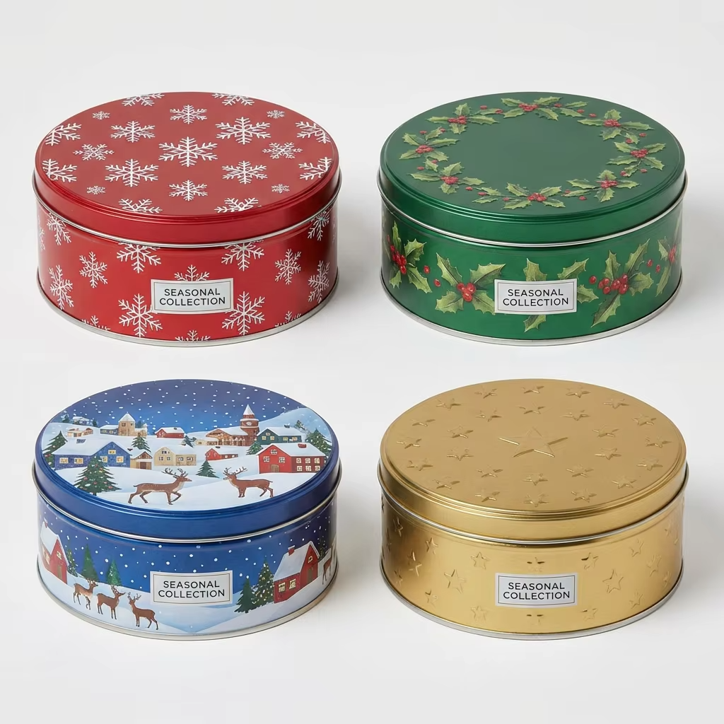 Custom Classic Christmas Round Cookie Tin | Red Green Gold Christmas Tree Reindeer Holly Stripe with Full-Color Festive Lid Scene Print for Holiday Cookie Candy & Gift Tin Packaging | MOQ 100 pcs