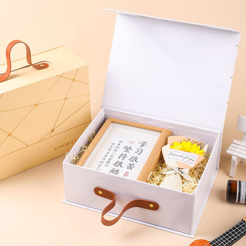 Custom Gold Geometric Line Magnetic Book-Style Gift Box with Leather Handle | Cream White Gold Forest Green Gold Foil Grid & Good Luck Stamp Brown PU Leather Handle for Beauty Tea Health Holiday Gift Set | MOQ 100 pcs