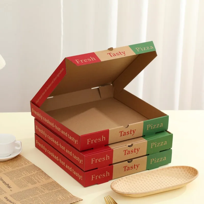 Caja de pizza clásica tricolor italiana personalizada | Impresión a todo color en rojo, beige y verde de marca fresca y sabrosa en varios tamaños para embalaje auténtico de restaurante de pizza italiana | MOQ 100 unidades