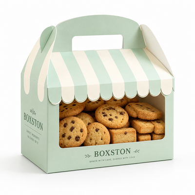 Custom Bakery House Shape Cookie Gift Box with Clear Window | Scallop Awning Handle & Full-Color Stripe Brand Print for Cookie Macaron & Pastry Gift Packaging | MOQ 100 pcs