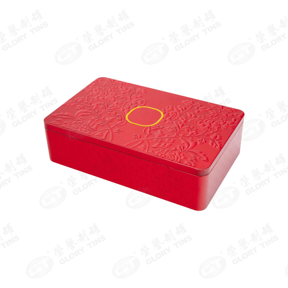 Custom Large Rectangle Chinese Style Embossed Peony Tin Box | Red Full-Surface 3D Floral Emboss Gold Brand Badge Print Hinged Lid for Mooncake Pastry & Premium Mid-Autumn Spring Festival Gift Tin | MOQ 100 pcs
