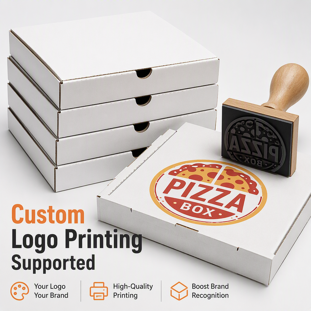 Custom Standard Square Corrugated Pizza Box | White Food Grade with Full-Color Brand Logo Print in Multiple Sizes for Pizza Restaurant & Takeaway Delivery Packaging | MOQ 100 pcs