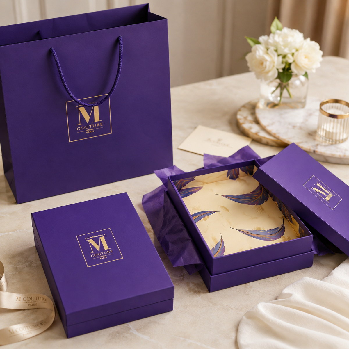 Custom Royal Purple Two-Piece Lid and Base Gift Box | Gold Logo Foil & Feather Print Interior for Scarf Perfume & Luxury Fashion Brand Premium Gift Packaging | MOQ 100 pcs