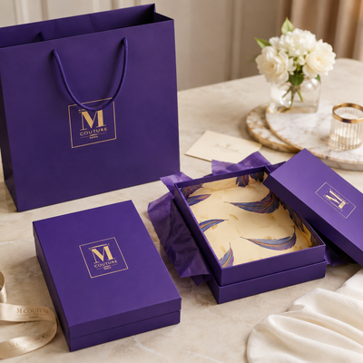Custom Royal Purple Two-Piece Lid and Base Gift Box | Gold Logo Foil & Feather Print Interior for Scarf Perfume & Luxury Fashion Brand Premium Gift Packaging | MOQ 100 pcs