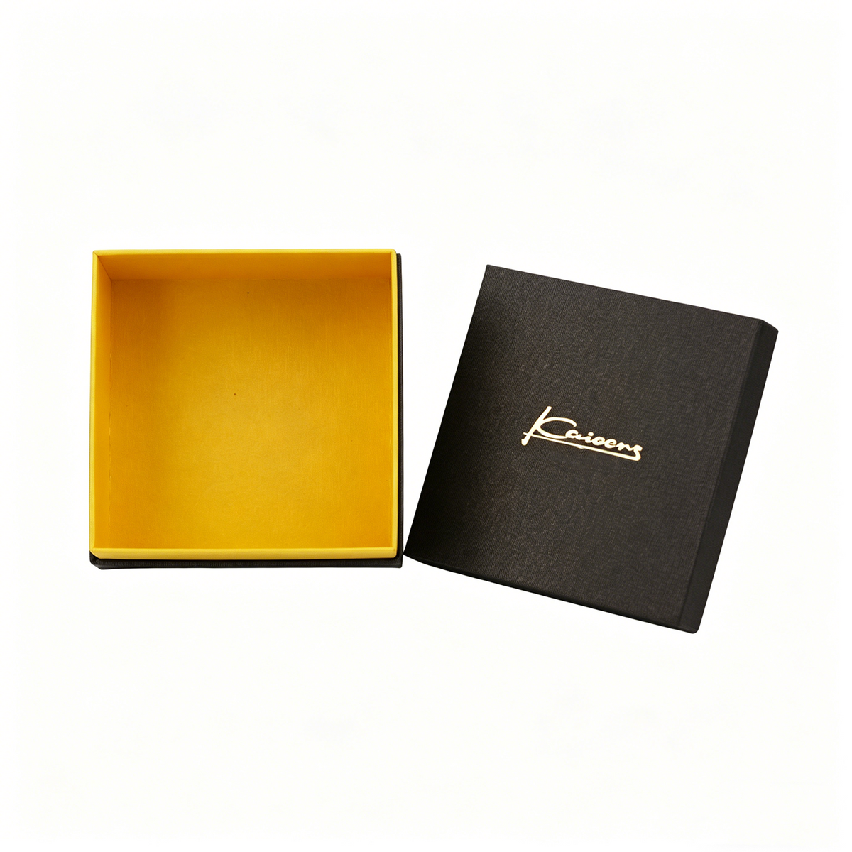 Custom Matte Black Two-Piece Lid and Base Gift Box | Gold Band & Script Logo Foil Yellow Velvet Interior for Jewelry Watch Perfume & Premium Accessories Brand Packaging | MOQ 100 pcs