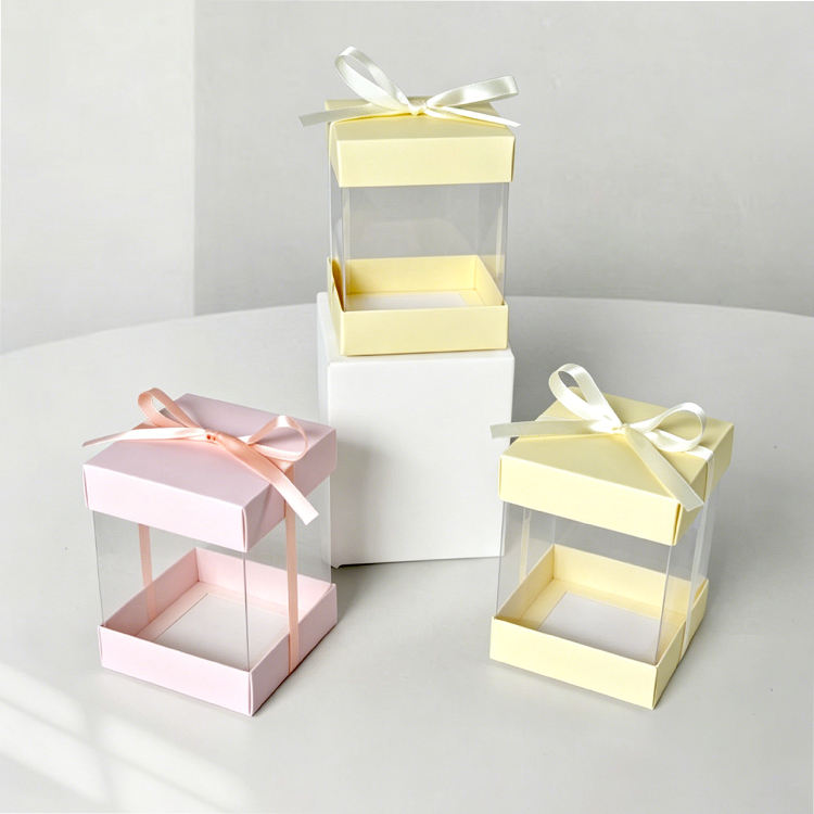 Custom Clear PVC Four-Side Window Gift Display Box | Colored Cardboard Lid & Base Satin Ribbon Bow Multi-Size for Preserved Rose Plush Doll Jewelry Holiday Premium Gift Brand Packaging | MOQ 100 pcs