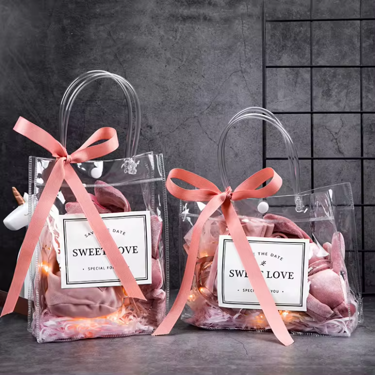 Custom Crystal Clear PVC Tote Shopping Bag | Transparent Tube Handle Rivet Closure Multi-Size Brand Logo Print for Gift Beauty Fashion Retail Wedding Event Party Favor Packaging | MOQ 100 pcs