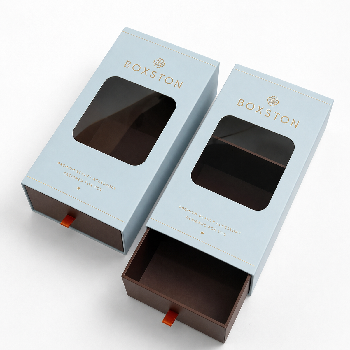 Custom Dusty Blue Drawer Gift Box | Clear PVC Window Gold Logo & Brand Slogan for Hair Accessories Beauty & Skincare Premium Retail Packaging | MOQ 100 pcs