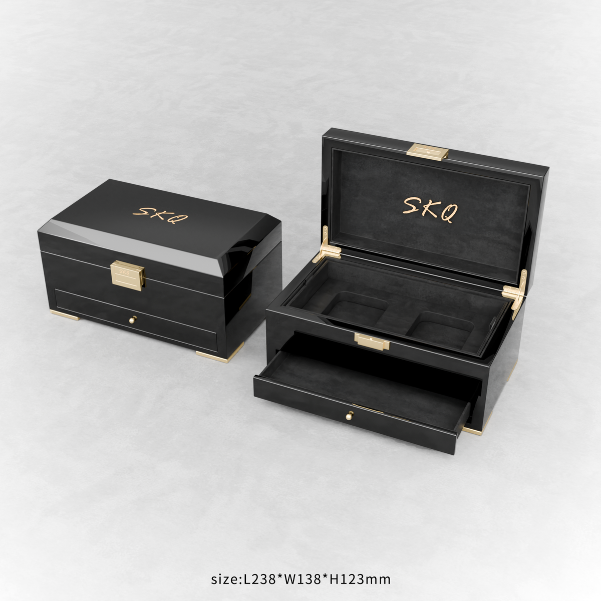 Custom Black Piano Lacquer Jewelry Wood Box Set | Large Hinged Box with Pull-Out Drawer + LED Ring Box Black Suede Interior Gold Metal Hinge Lock Brand Hot Stamp for Fine Jewelry Brand Gift | MOQ 100 pcs