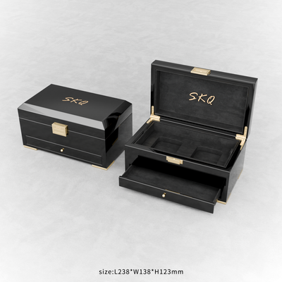 Custom Black Piano Lacquer Jewelry Wood Box Set | Large Hinged Box with Pull-Out Drawer + LED Ring Box Black Suede Interior Gold Metal Hinge Lock Brand Hot Stamp for Fine Jewelry Brand Gift | MOQ 100 pcs