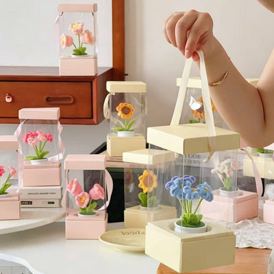 Custom Clear PVC Flower Bouquet Display Tote Box | Cardboard Lid & Base Satin Ribbon Handle Pink White Cream for Fresh Rose Crochet Flower Mother's Day Wedding Bridal Gift Packaging | MOQ 100 pcs