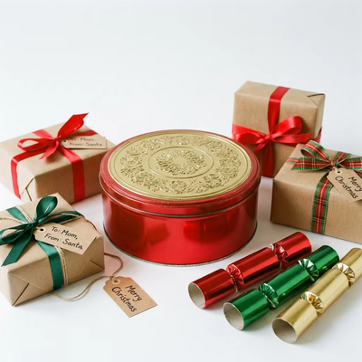 Custom Classic Christmas Round Cookie Tin | Red Green Gold Christmas Tree Reindeer Holly Stripe with Full-Color Festive Lid Scene Print for Holiday Cookie Candy & Gift Tin Packaging | MOQ 100 pcs