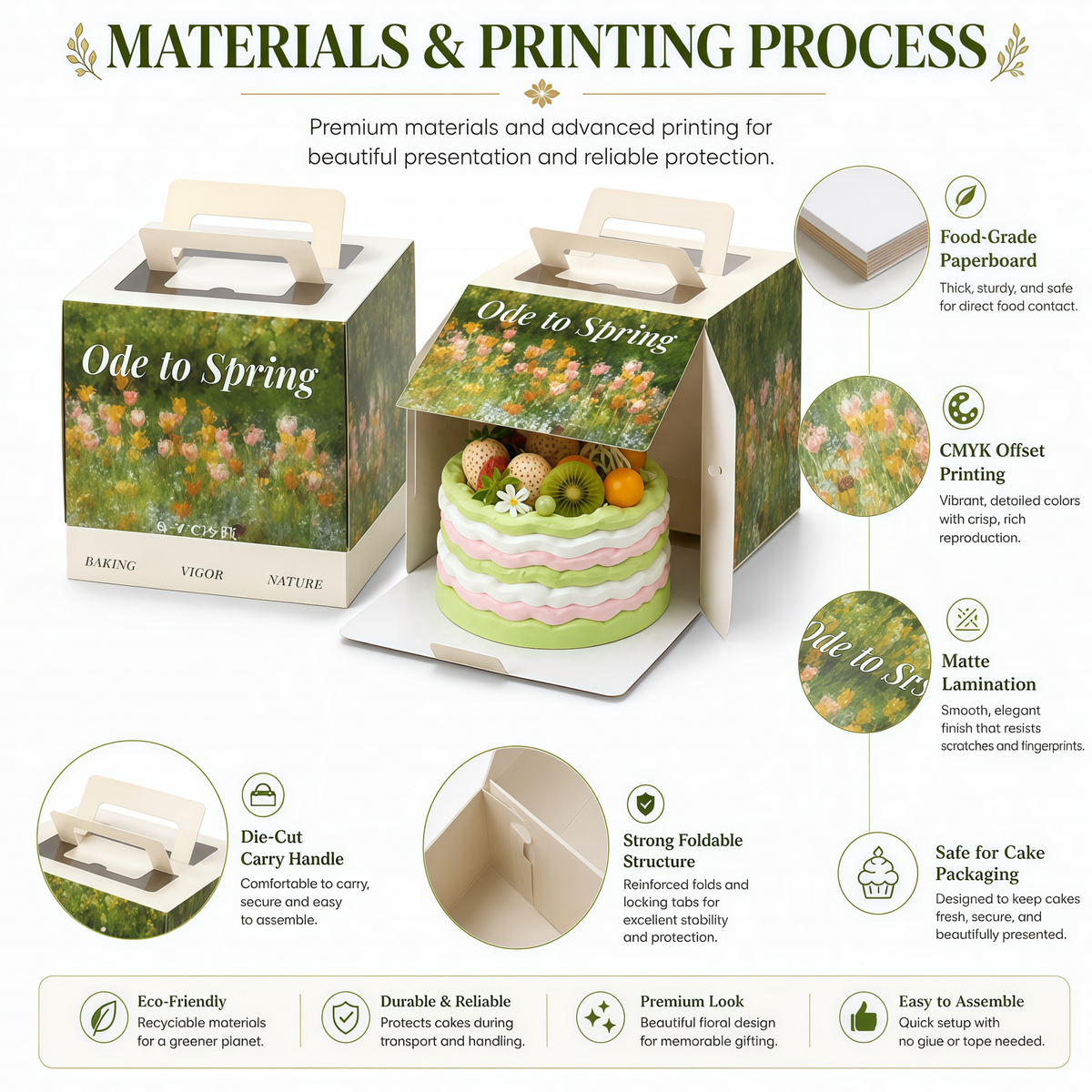 Caja para Tartas Enteras con Asa, Impresión a Todo Color Personalizada y Apertura Frontal | Estampado Botánico de Pintura al Óleo para Presentación de Tartas Premium de Panadería, Boda y Vacaciones de 6 y 8 Pulgadas | MOQ 100 unidades