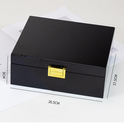 Custom Black Piano Lacquer Hinged Wood Gift Box | Gold Corner Hinges & Front Clasp Black Velvet Interior for Perfume Jewelry Watch Beauty Skincare Luxury Brand Single-Piece Premium Gift | MOQ 100 pcs