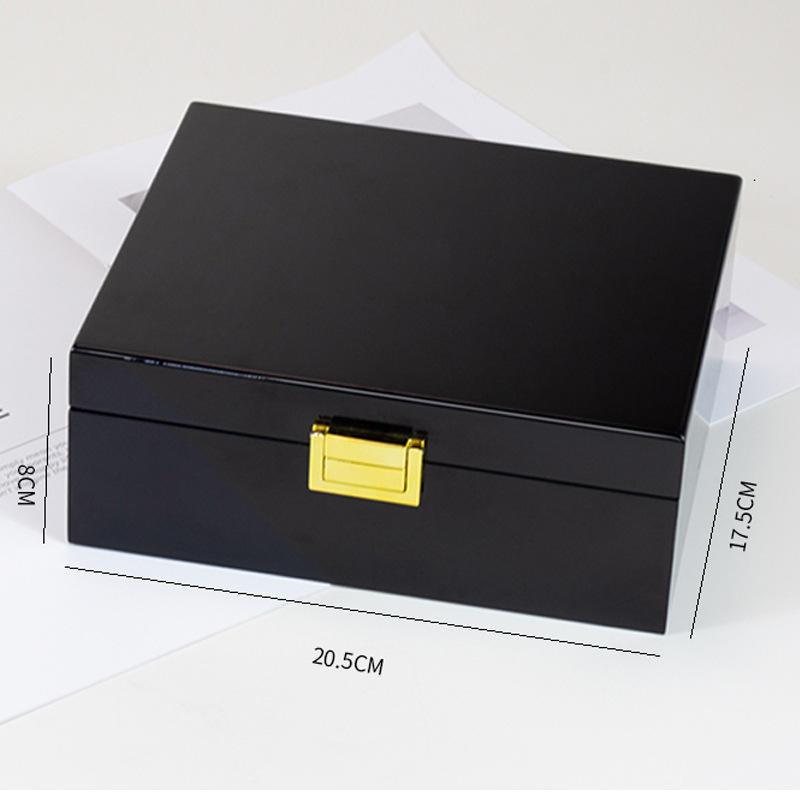 Custom Black Piano Lacquer Hinged Wood Gift Box | Gold Corner Hinges & Front Clasp Black Velvet Interior for Perfume Jewelry Watch Beauty Skincare Luxury Brand Single-Piece Premium Gift | MOQ 100 pcs