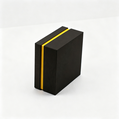 Custom Matte Black Two-Piece Lid and Base Gift Box | Gold Band & Script Logo Foil Yellow Velvet Interior for Jewelry Watch Perfume & Premium Accessories Brand Packaging | MOQ 100 pcs