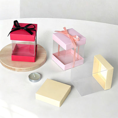 Custom Clear PVC Four-Side Window Gift Display Box | Colored Cardboard Lid & Base Satin Ribbon Bow Multi-Size for Preserved Rose Plush Doll Jewelry Holiday Premium Gift Brand Packaging | MOQ 100 pcs