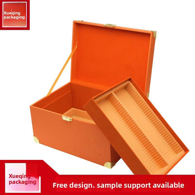 Custom Hermes Orange Litchi Grain PU Leather Large Wood Gift Trunk Box | Gold Corner Guards Front Clasp Leather Handle Top Brand Logo Hot Stamp for Beauty Skincare Jewelry Luxury Brand Premium Gift Set | MOQ 100 pcs
