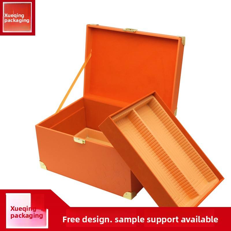 Custom Hermes Orange Litchi Grain PU Leather Large Wood Gift Trunk Box | Gold Corner Guards Front Clasp Leather Handle Top Brand Logo Hot Stamp for Beauty Skincare Jewelry Luxury Brand Premium Gift Set | MOQ 100 pcs