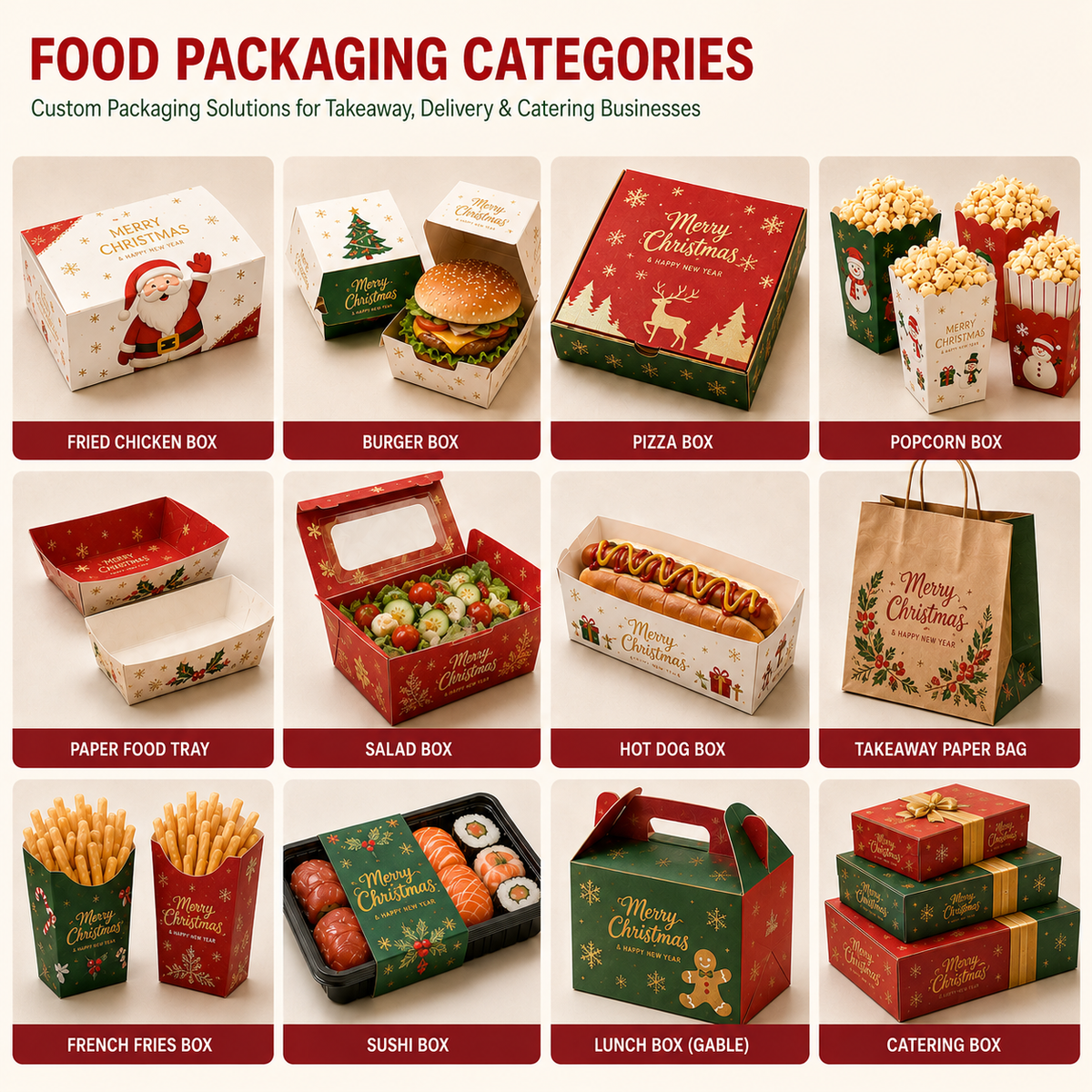 Custom Holiday Christmas Fast Food Paper Box Set | Burger Box Fry Cup Carry Box & Paper Bag | MOQ 100 pcs