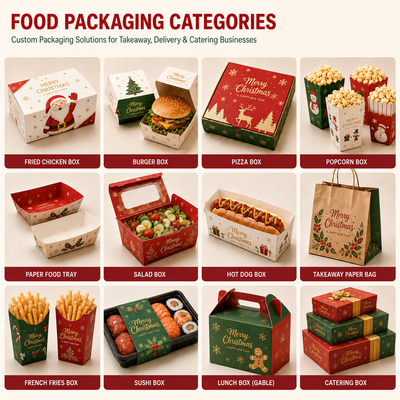 Custom Holiday Christmas Fast Food Paper Box Set | Burger Box Fry Cup Carry Box & Paper Bag | MOQ 100 pcs