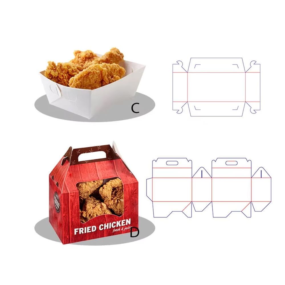 Cajas de papel personalizadas para pollo frito | Caja para pollo con tapa abatible y bandeja para alimentos con logo | Cantidad mínima de pedido: 100 unidades